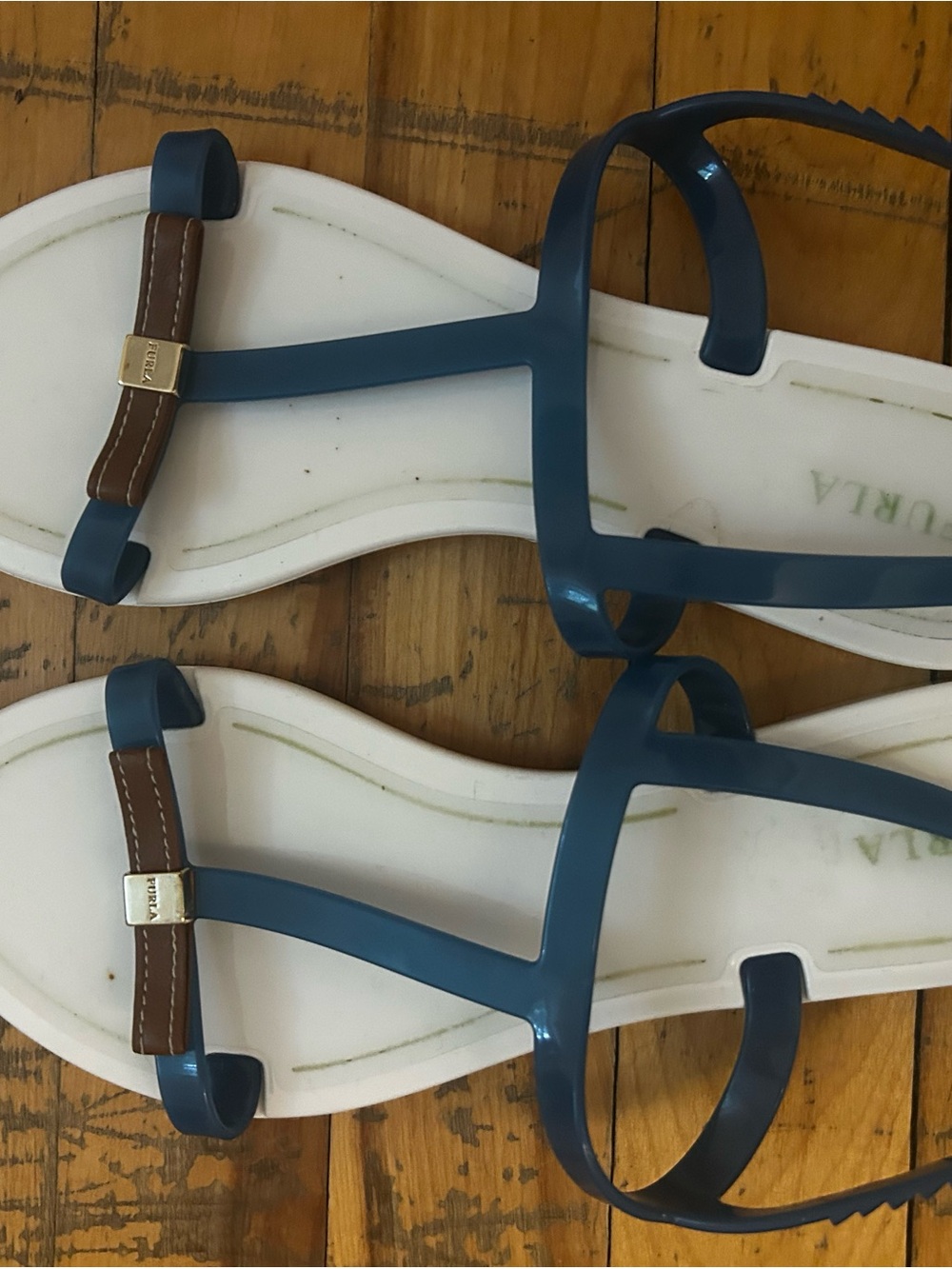 Furla Navy Strappy Jelly Sandals with Brown Accent